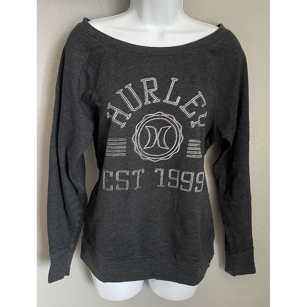 Hurley Pullover Sweatshirt Womens Large Long Sleeve Gray Graphic Boat Neckline
